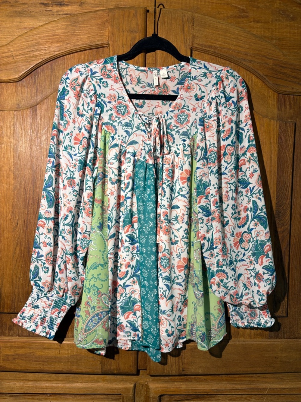 Cato Floral Patchwork Peasant Blouse in Teal, Coral & Lime